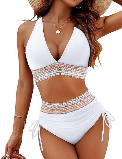 High Waisted Bikini Set With Color Blocking Drawstring Swimsuit