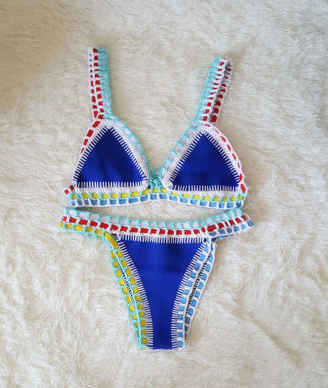 Europe And The United States Sexy Hand Crochet Colorful Bikini Set, Spell Color Rubber, Ladies Knitted Swimwear Wholesale