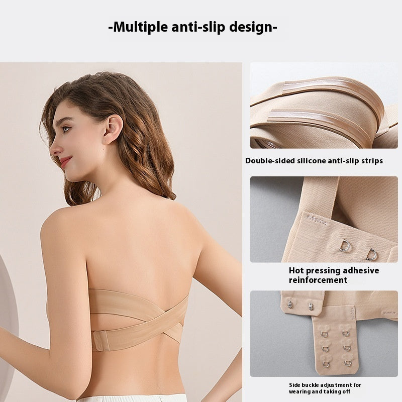 Women's Strapless Cross Side Buckle Non-slip Band Ice Ribbon Chest Pad